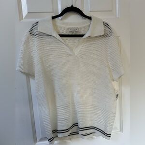 Cable Knit Polo Sweater Top - White